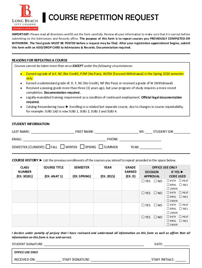 COURSE REPETITION REQUEST Long Beach City College  Form