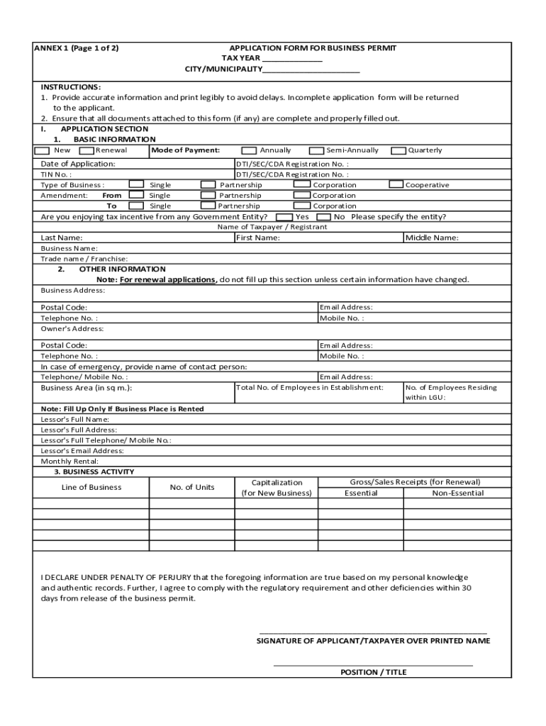 ANNEX 1 Page 1 of 2 APPLICATION FORM for BUSINESS PERMIT