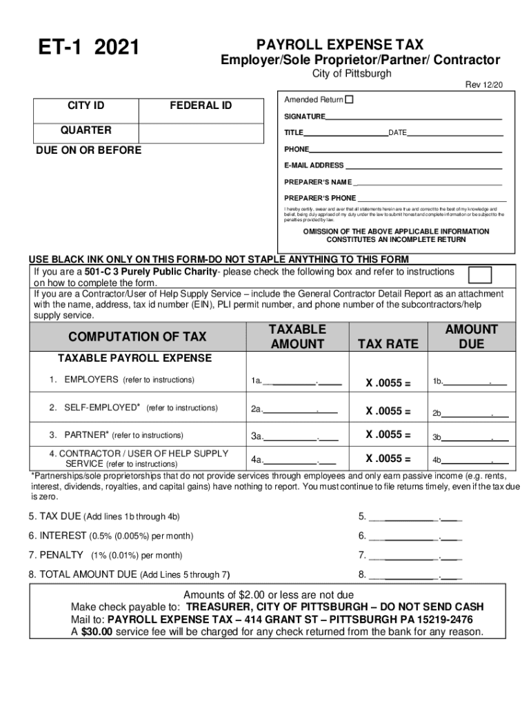  ET 1 PAYROLL EXPENSE TAX EmployerSole Proprietor 2021