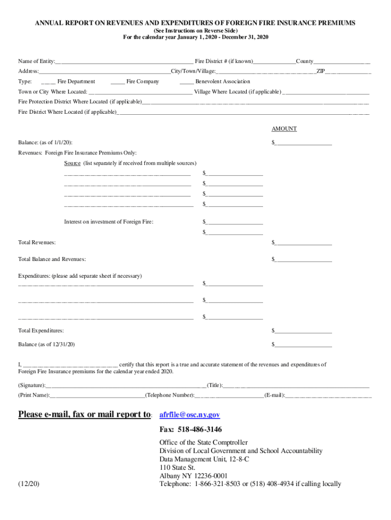 Annual Report on Revenues and Expenditures of Foreign Fire Insurance Premiums Fire Companies, Fire Departments and Benevolent as  Form