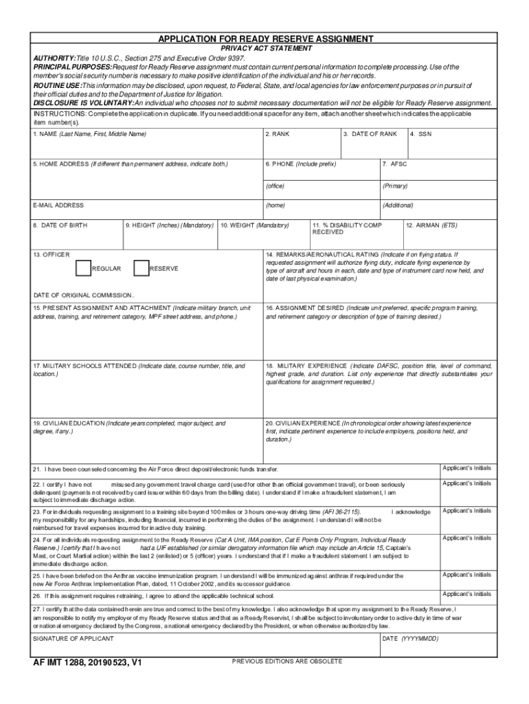 Application for Ready Reserve Assignment Form Af Int 1288