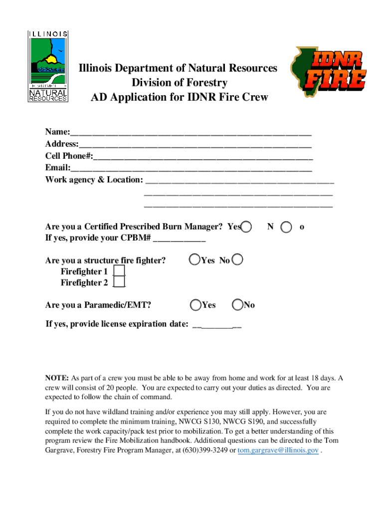 AD Application for IDNR Fire Crew  Form