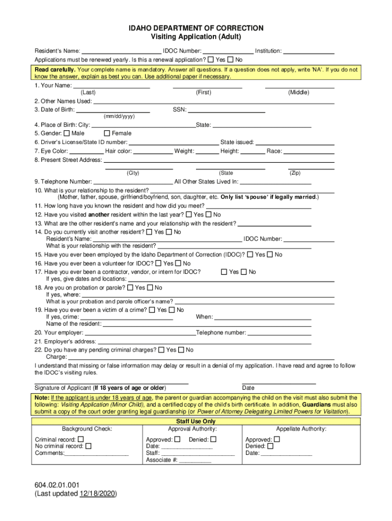 Get and Sign IDAHO DEPARTMENT of CORRECTION Visiting Application Adult 2020-2022 Form