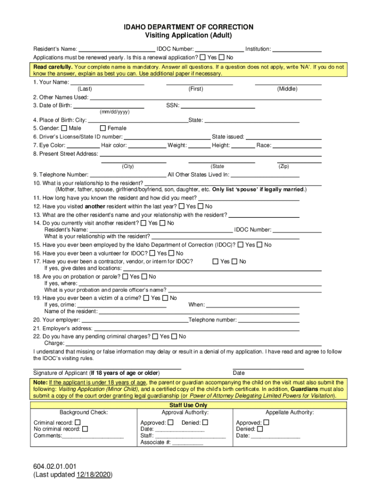  IDAHO DEPARTMENT of CORRECTION Visiting Application Adult 2020-2024