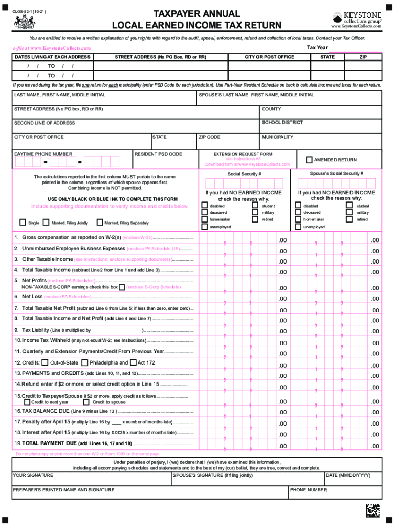  Taxpayer Annual Local Earned Income Tax Return Form 2021