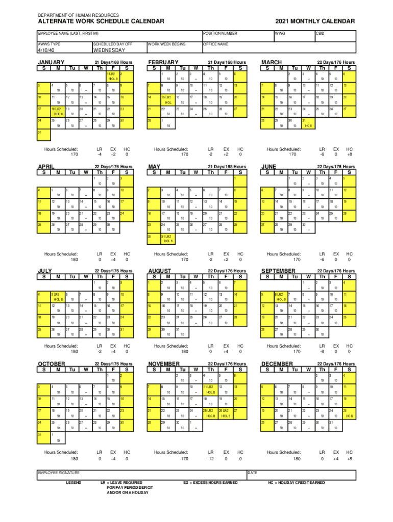  Alternate Work Schedule Calendar Monthly Calendar 41040 Wednesday 2021-2024