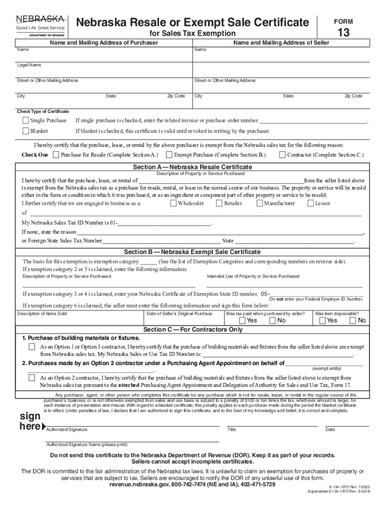 Nebraska Resale or Exempt Sale Certificate, Form 13 2022-2024