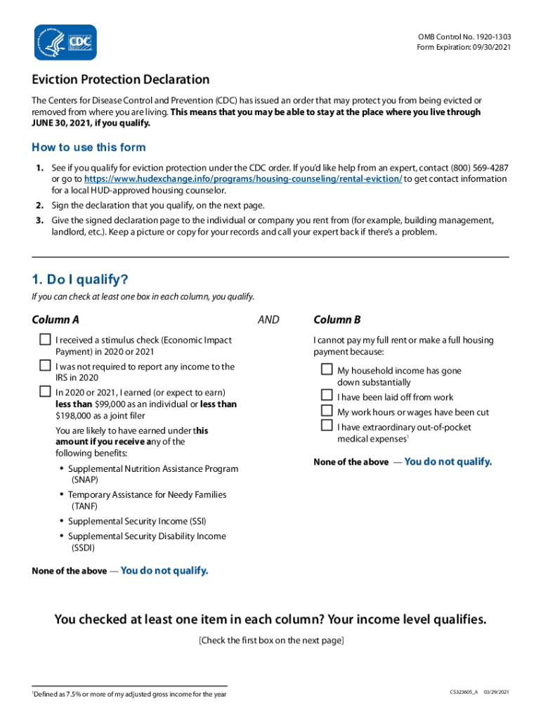 Eviction Protection Declaration Form for Tenants to Declare Hardship and Avoid Eviction According to CDC Guidelines, to Prevent 