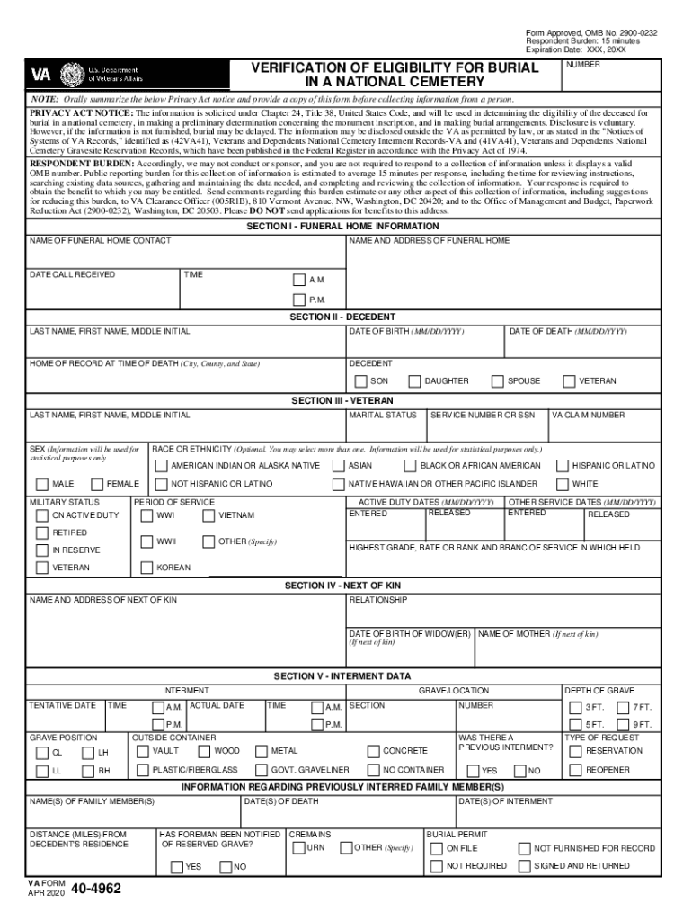VA Form 40 4962, VERIFICATION of ELIGIBILITY for BURIAL in
