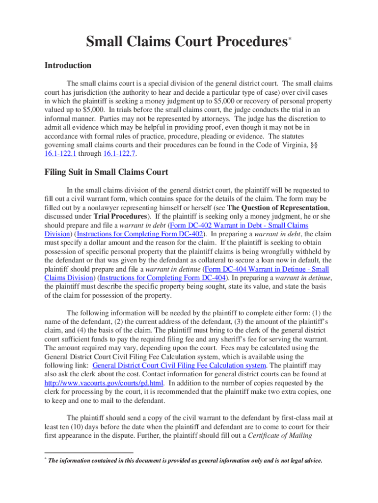 Small Claims Court Procedures Judiciary of VirginiaGeneral Information Small Claims Cases Guides at Texas Small Claims CourtNort