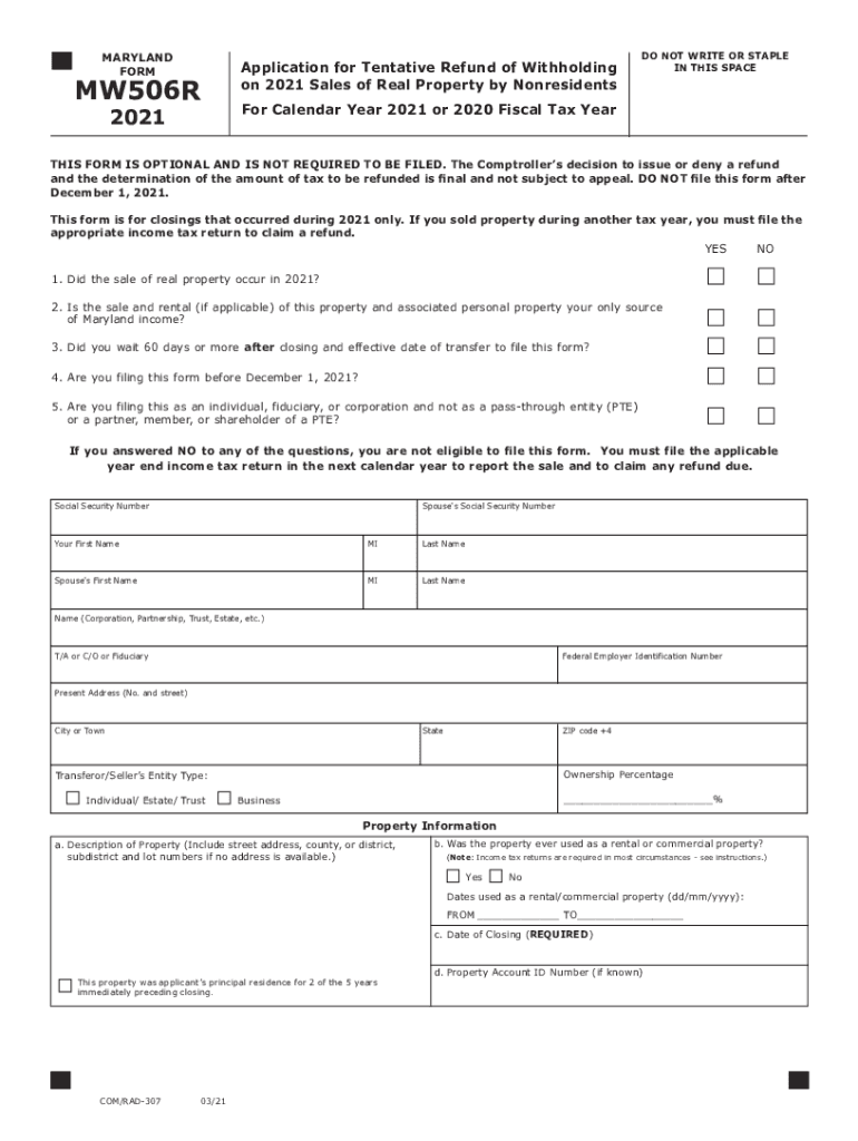  MARYLAND DO NOT WRITE or STAPLE FORM Application for 2021