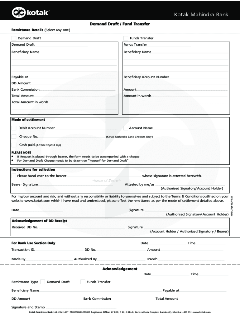 Kotak Bank Rtgs Form PDF Editable