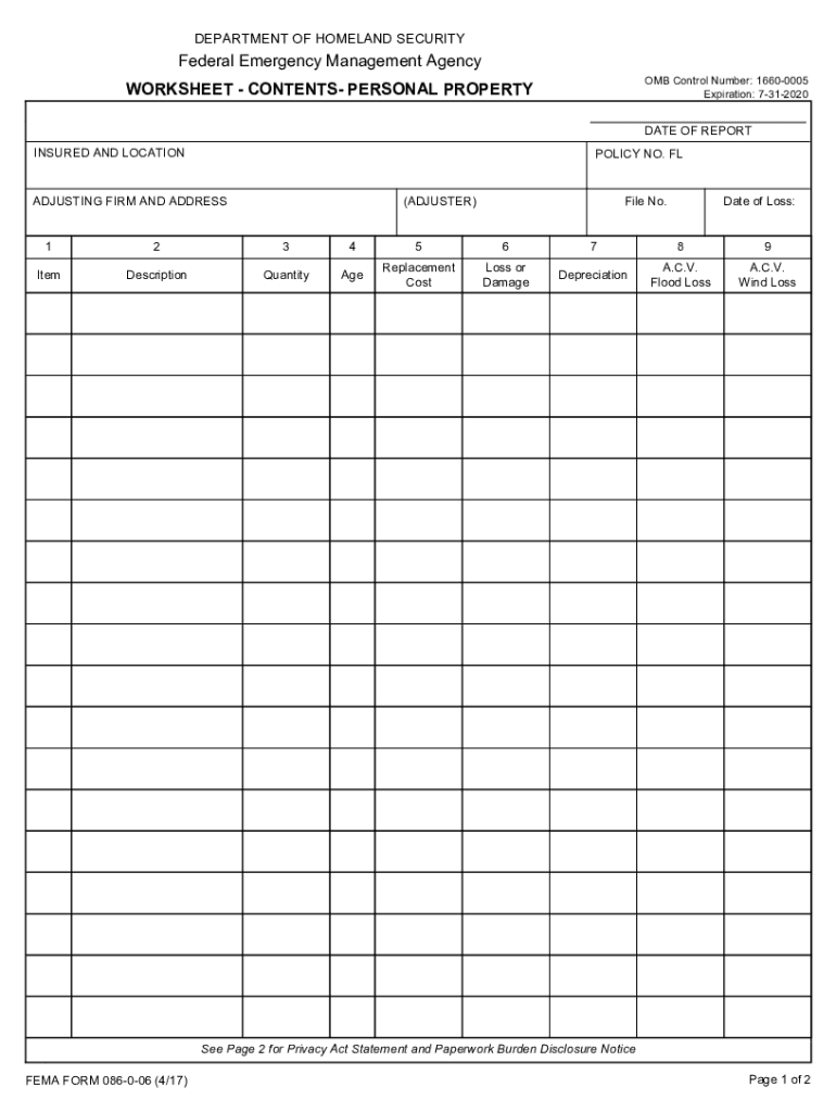 WORKSHEET CONTENTS PERSONAL PROPERTY Home FEMA Gov  Form