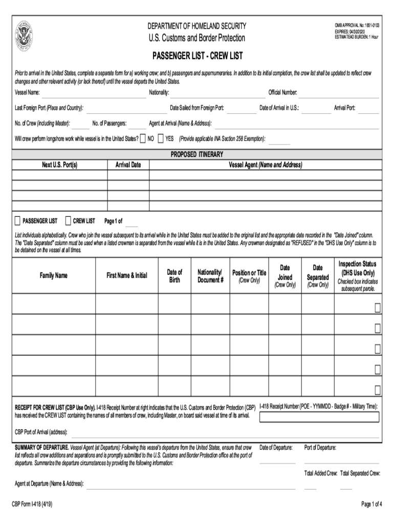 CBP Form I 418 PDF