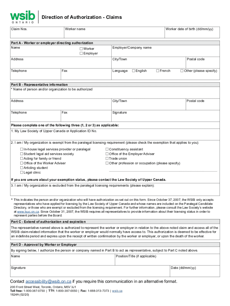 Direction of Authorization Claims WSIB  Form