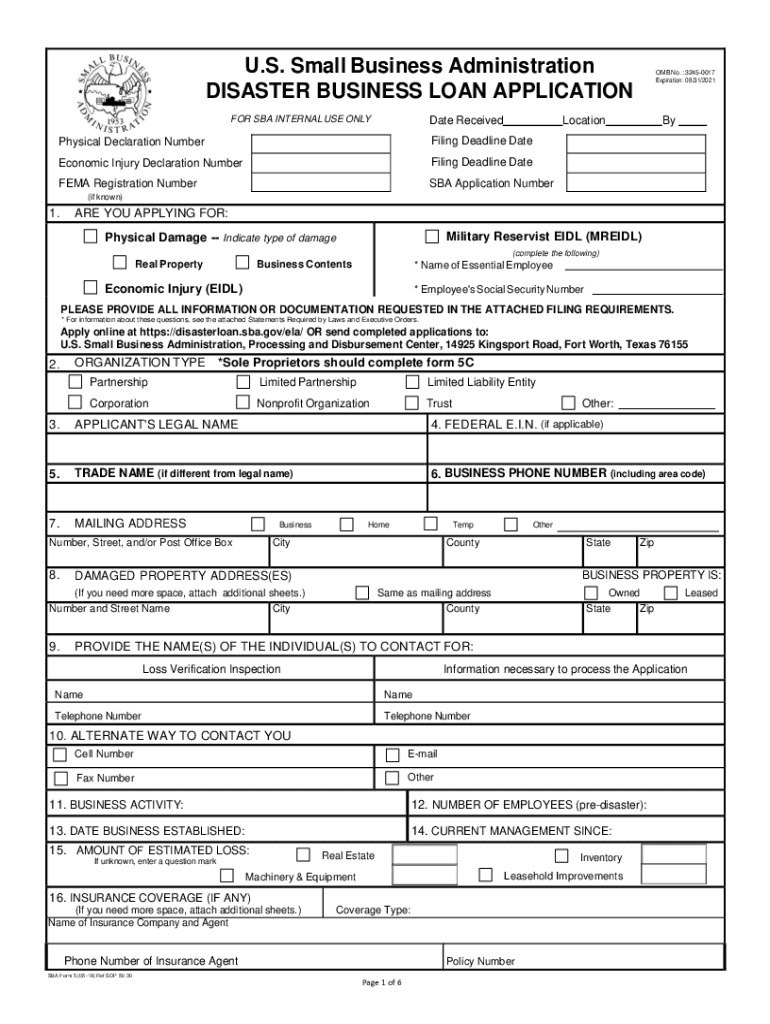 SBA Disaster Business Loan Application Business Loan Application  Form