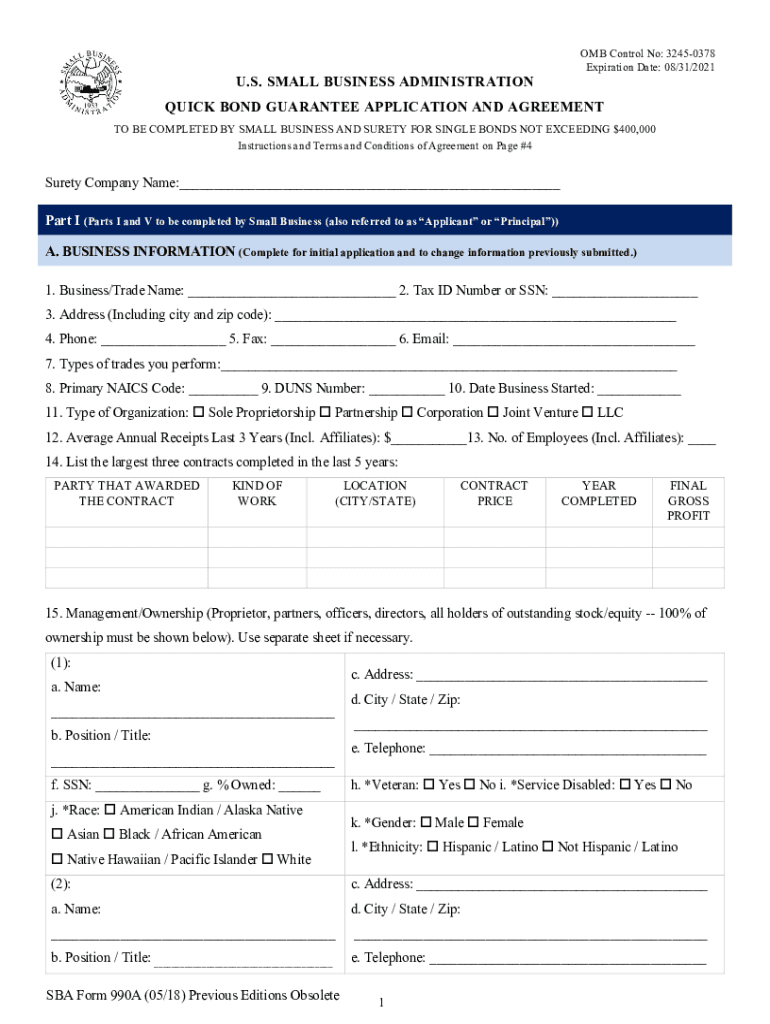 Office of Surety Guarantees Quick Bond Guarantee Application and Agreement Form 990A