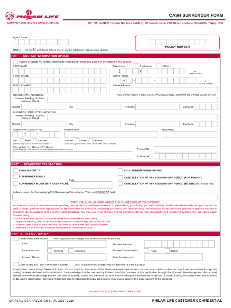  Philam Life Surrender Form 2020-2024