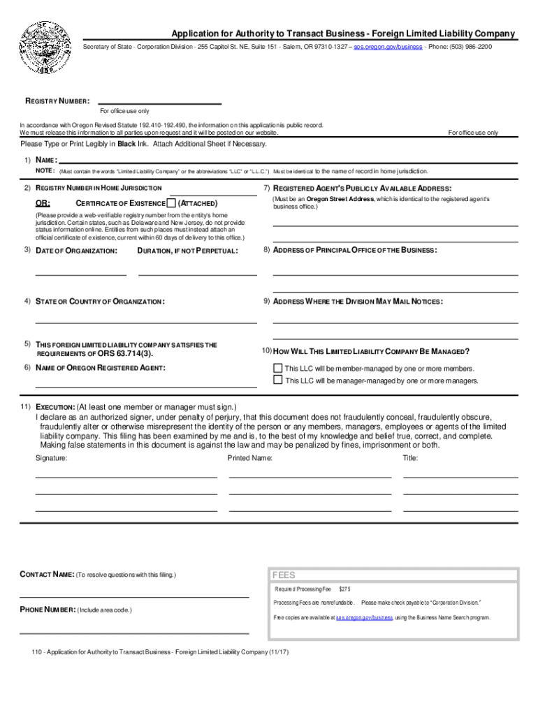  Foreign Limited Liability Company Oregon Secretary of State 2017-2024