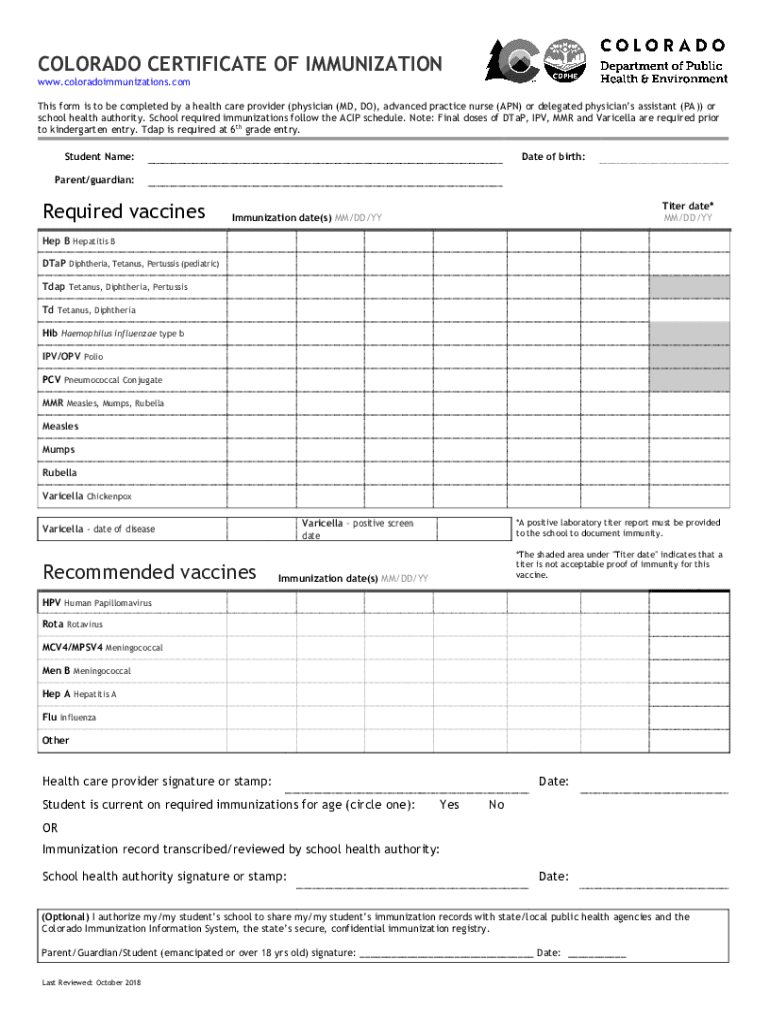 Colorado Certificate Immunization  Form