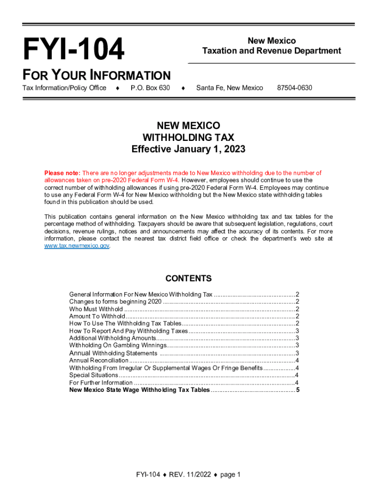  FYI 104 New Mexico Withholding Tax Effective January 1 2022-2024