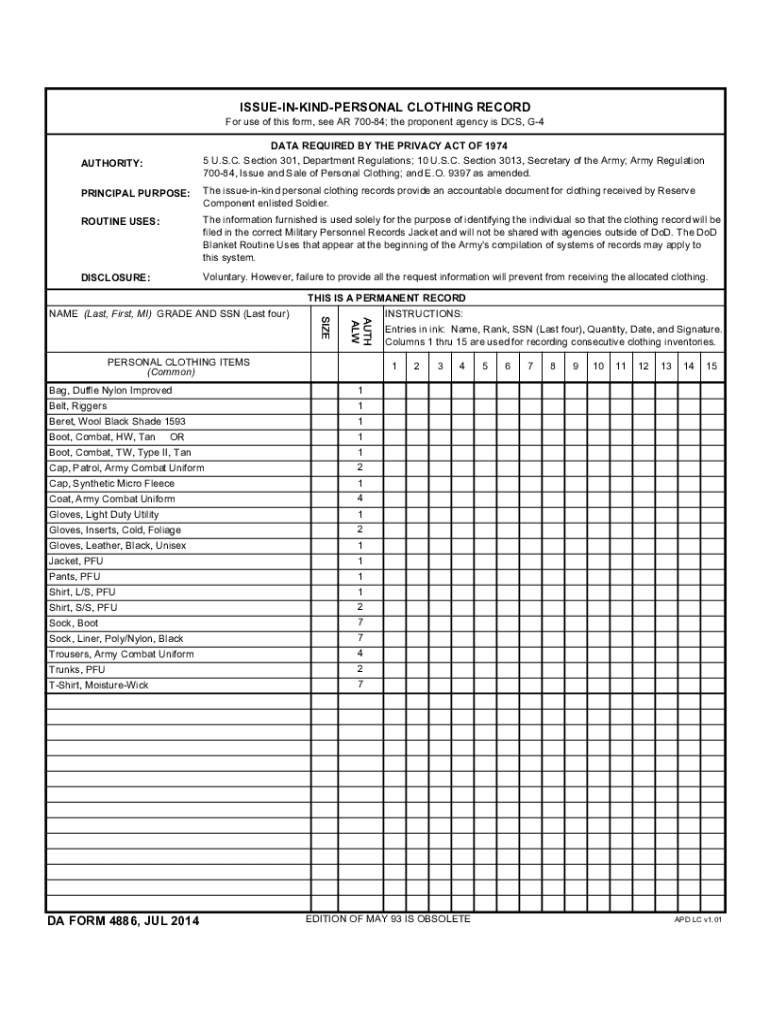 ISSUE in KIND PERSONAL CLOTHING RECORD  Form