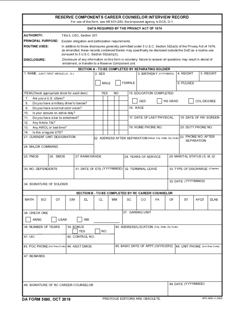  Ar 601 280 Army Retention ProgramMilitary Discharge 2019-2024