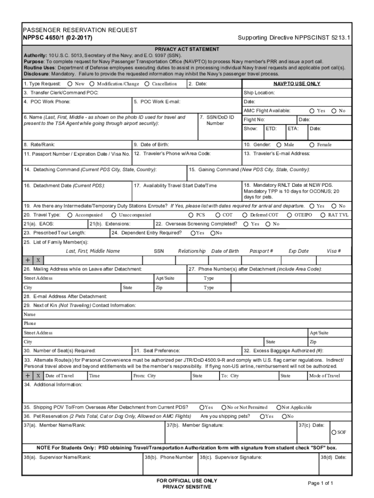 Form NPPSC46501 'Passenger Reservation Request'