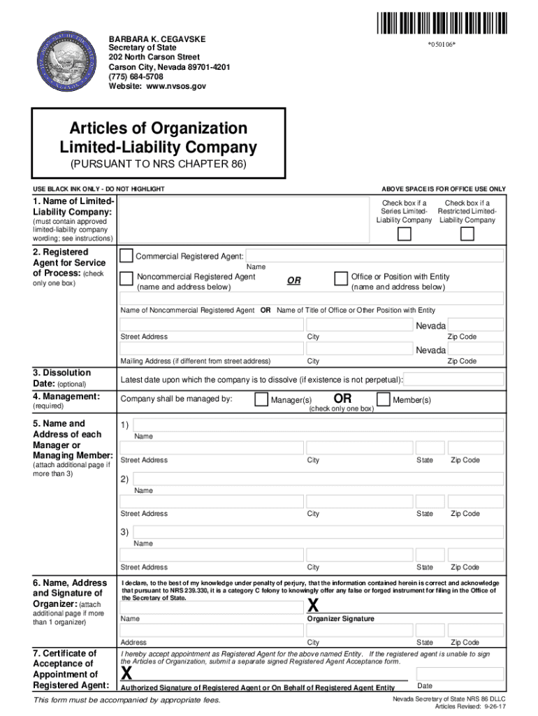 NV Articles of Organization Limited Liability Company Carson City  Form