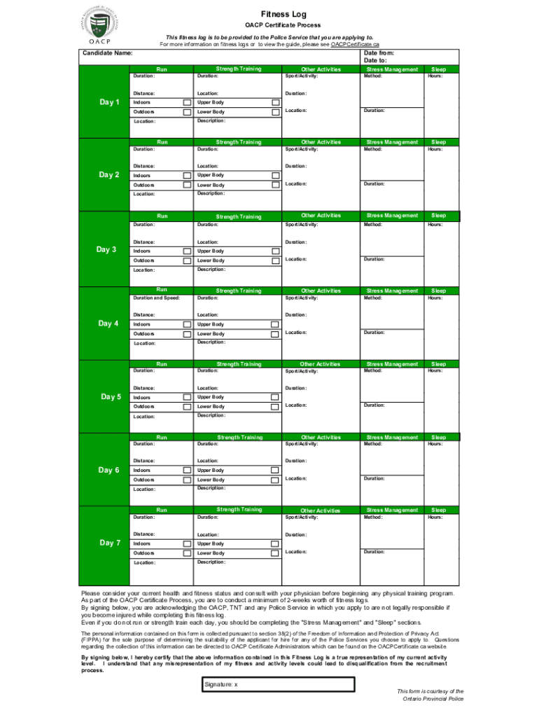 Oacp Fitness Log  Form