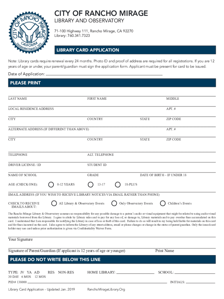 Rancho Mirage Library Card  Form