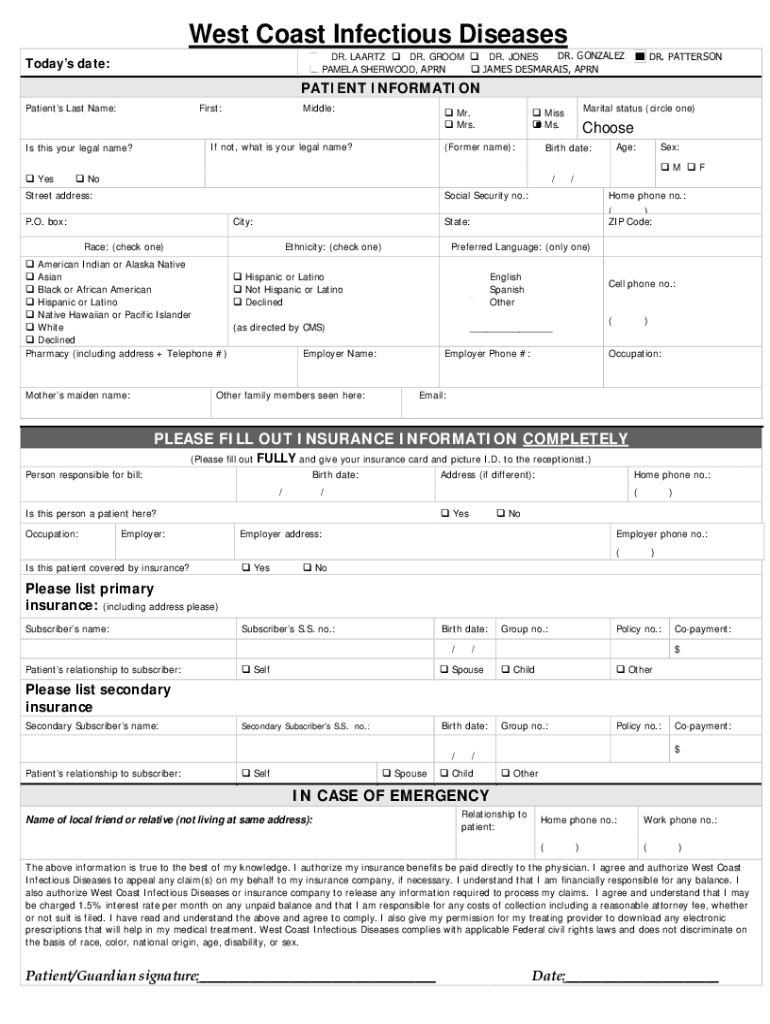 West Coast Infectious Diseases Safety Harbor and New Port  Form