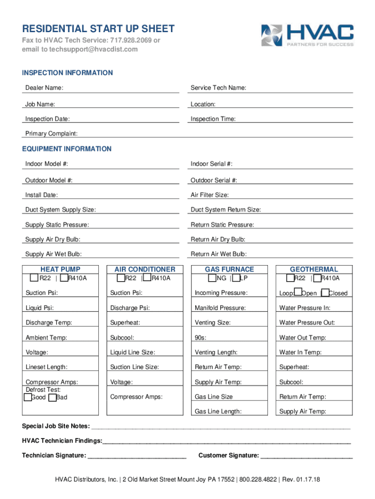 Hvac Start Up Sheets PDF  Form