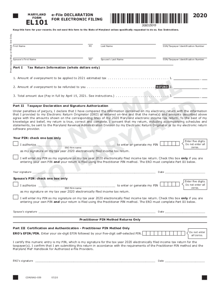  Maryland Form EL101 Maryland Income Tax Declaration for 2021