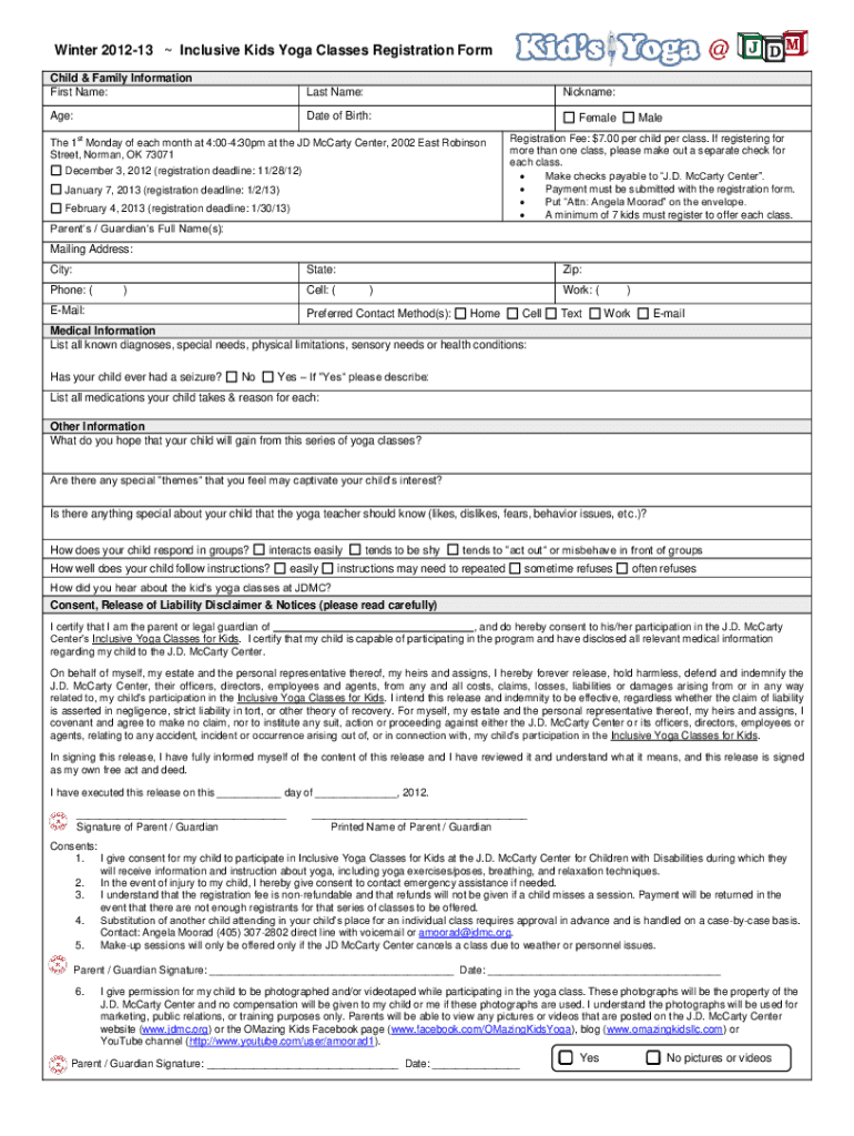  Outpatient Childrens Yoga Group Registration Form 2012-2024