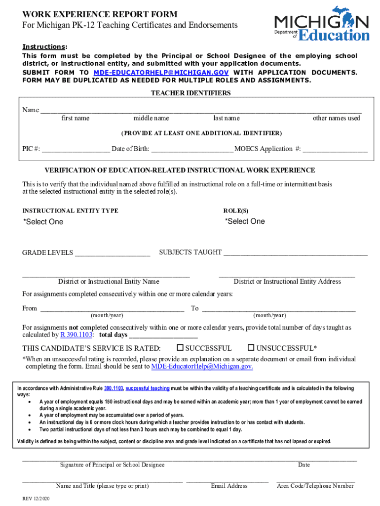 Michigan Work Experience Report Form for Michigan Pk 12