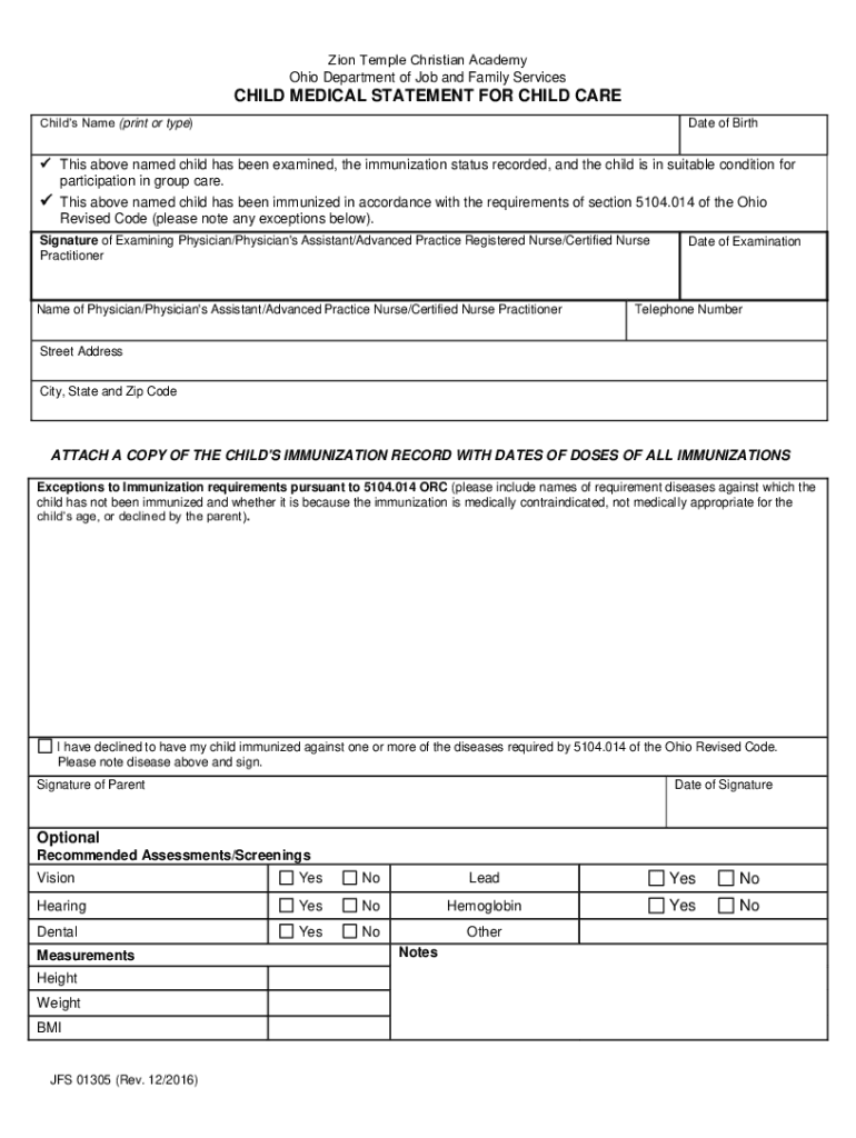 Ohio Daycare Medical Form