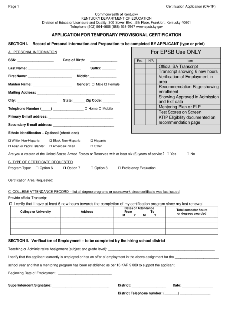 Teacher Certification and Renewal Kentucky Department of  Form