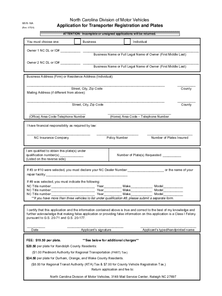 Form MVR 16A 'Application for Transporter Registration and