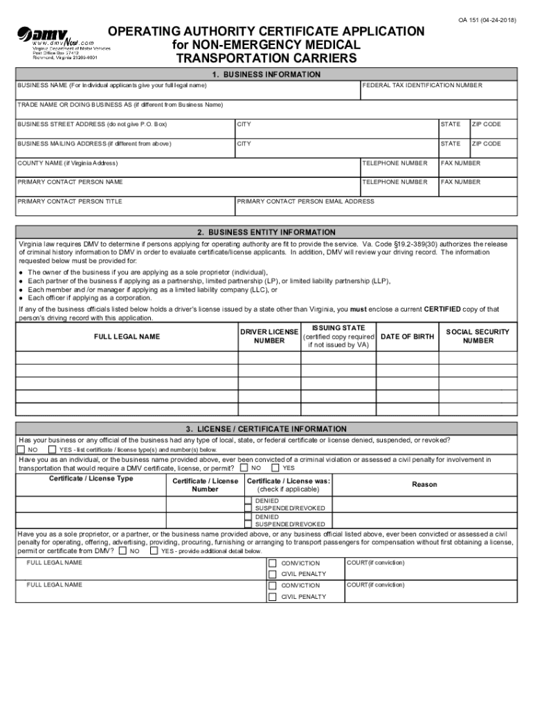 OPERATING AUTHORITY CERTIFICATE APPLICATION OA151 I 0925  Form