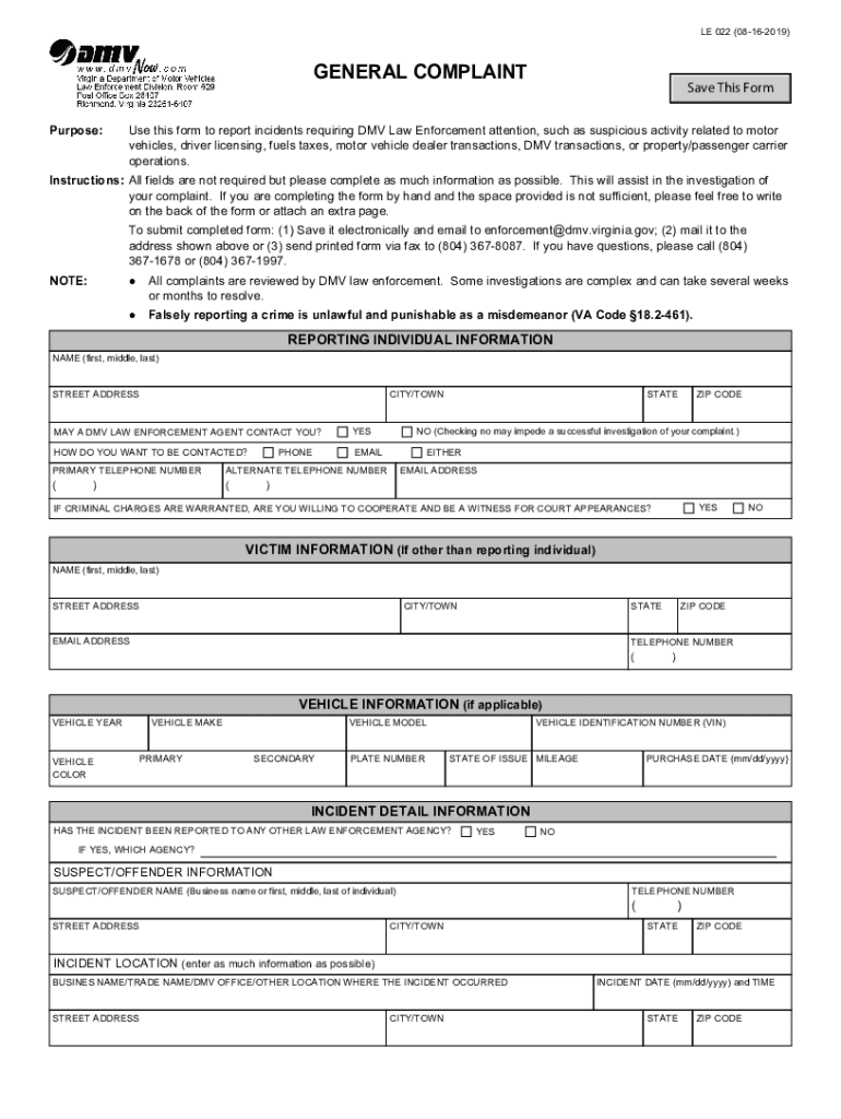 Get and Sign GENERAL COMPLAINT Virginia Department of Motor Vehicles 2019-2022 Form