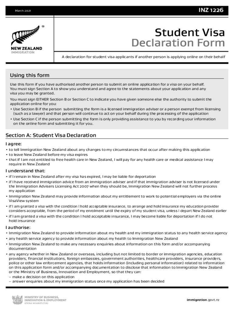 INZ 1226 Student Visa Declaration Form