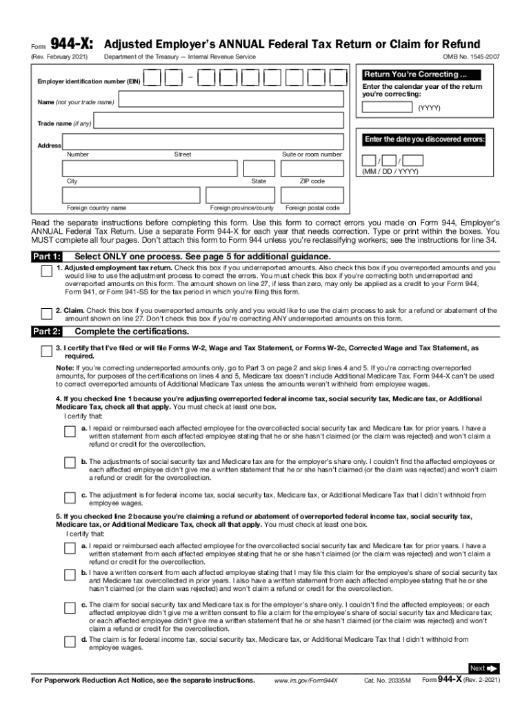 Form 944 X Rev February Adjusted Employer's Annual Federal Tax Return or Claim for Refund