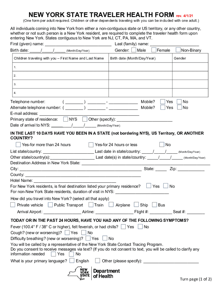 NEW YORK STATE TRAVELER HEALTH FORM Rev 4121