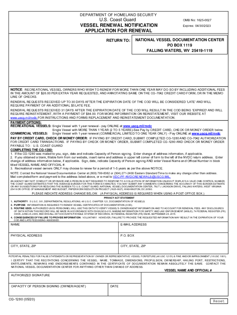 CG1280 PDF Vessel Renewal Notification Application for Renewal  Form