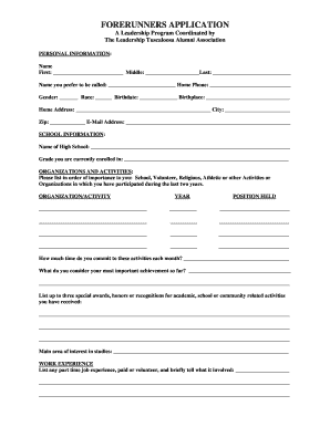 FORERUNNERS APPLICATION Leadership Tuscaloosa  Form