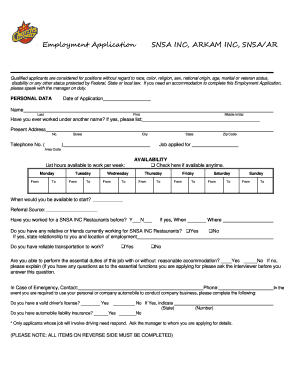 Employment Application SNSA INC, ARKAM INC, SNSAAR  Form