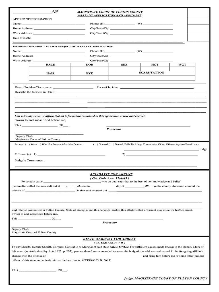 Magistrate Court of Fulton County Warrant Application Affidavit  Form