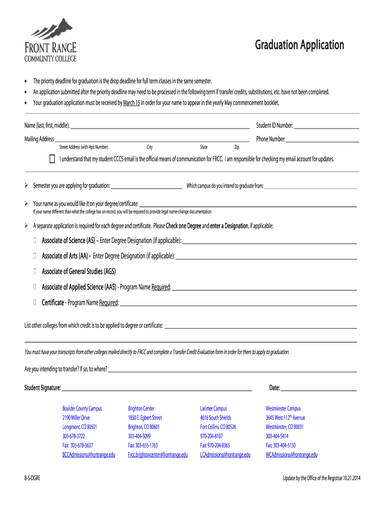 Get and Sign FRCC Graduation Application Front Range Community College 2014-2022 Form