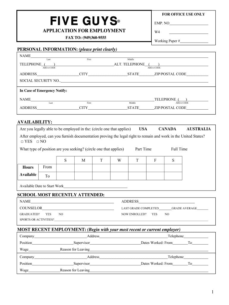 Five Guys Application PDF  Form